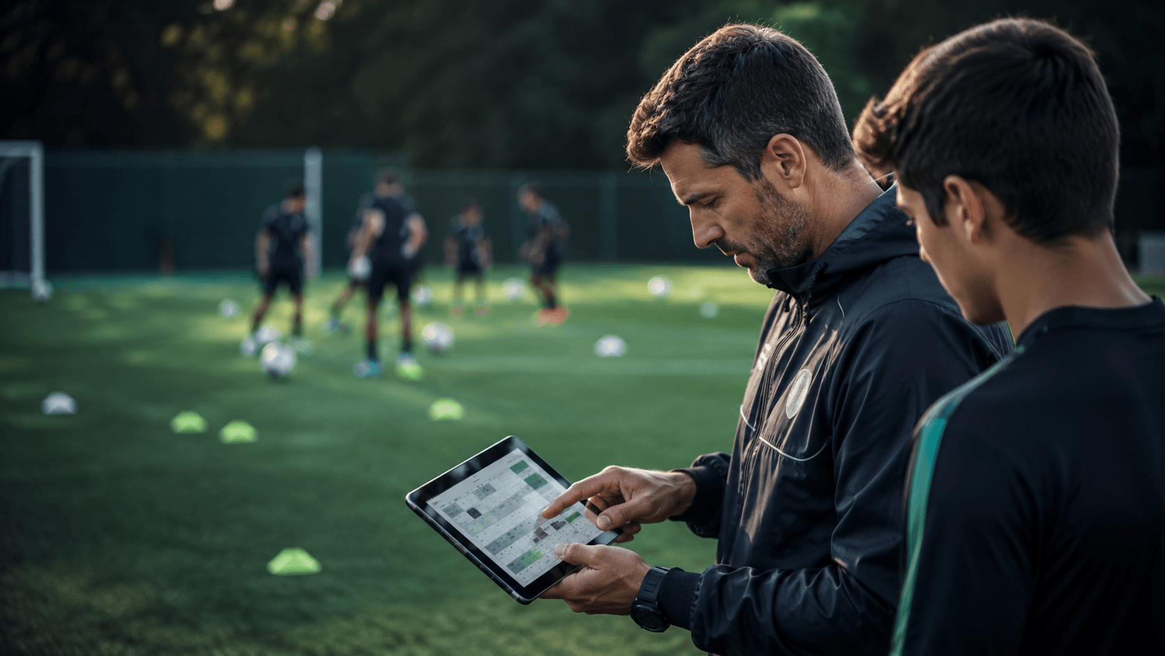 App para entrenadores de fútbol gratis: qué debe incluir Entrenador de fútbol revisando en una tableta la planificación de una sesión junto al campo