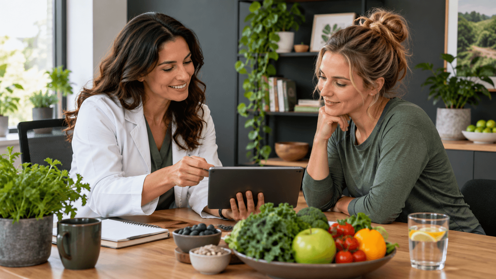 App de nutrición para clientes: funciones útiles y límites profesionales Profesional de nutrición y cliente revisando juntos un diario alimentario digital