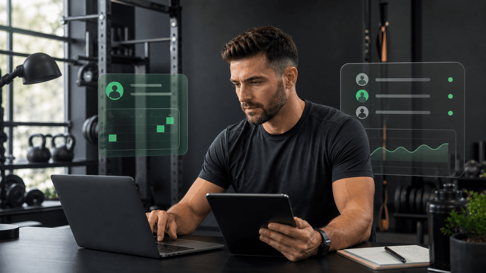 How to become a personal trainer and build a coaching business Personal trainer organizing an online coaching business with a laptop and tablet in a gym