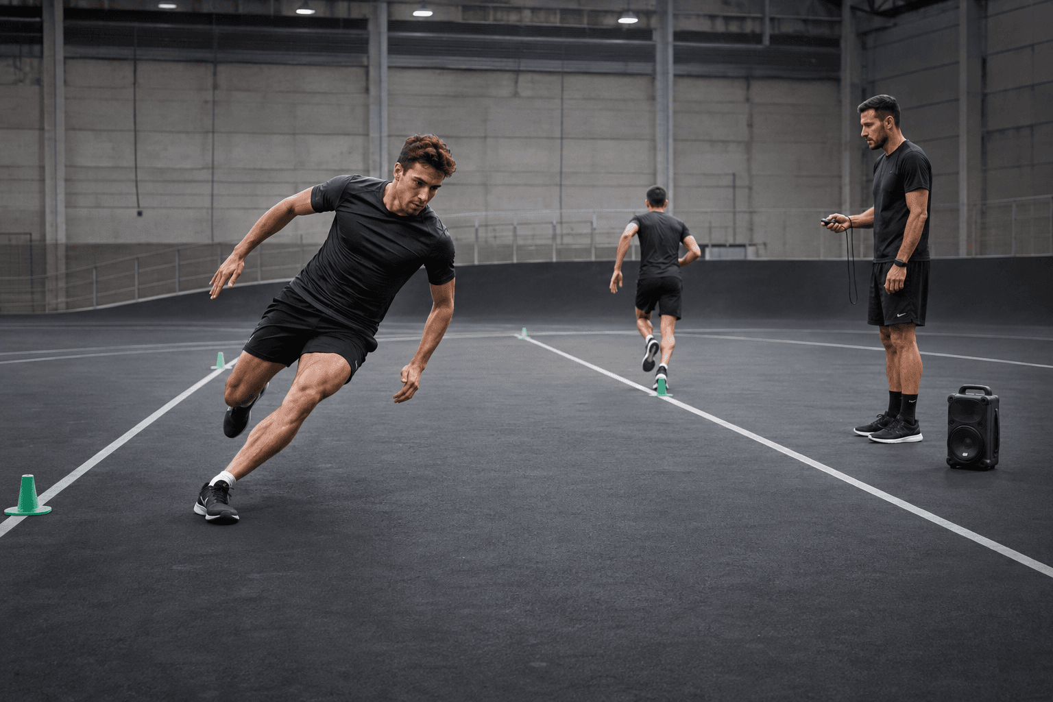 PACER test: audio, scores by age and beep test guide Athletes running a 20 meter shuttle run between two lines while a coach controls the audio and stopwatch