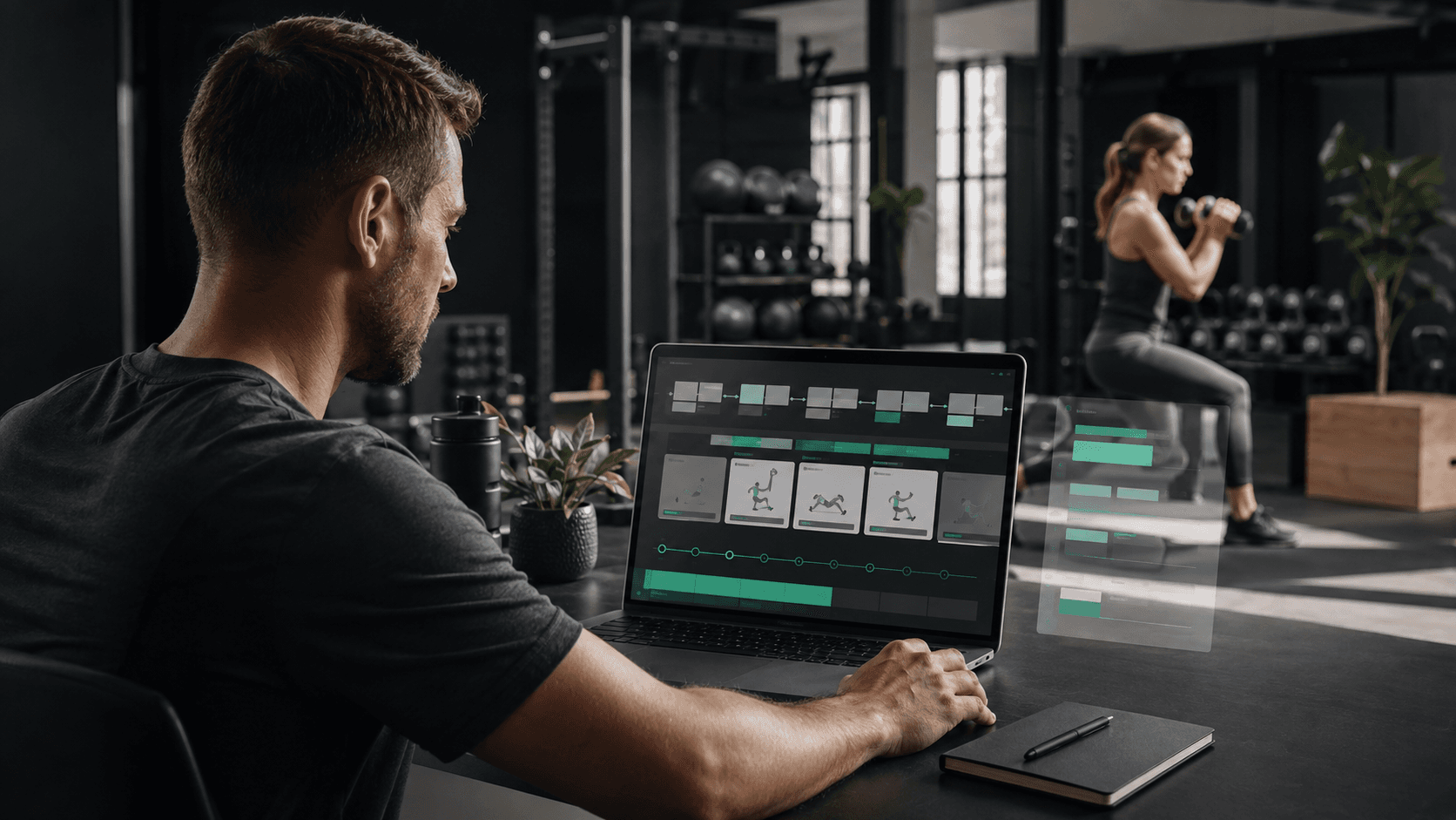Cómo crear un plan de entrenamiento personalizado paso a paso (2026) Entrenador personal diseñando una planificación de ejercicios mientras una clienta entrena en el gimnasio