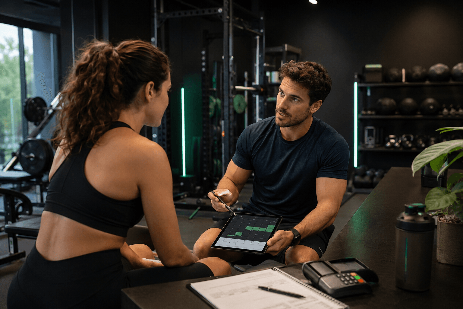 A personal trainer explains service options to a client Personal trainer discussing a training plan and pricing options with a client