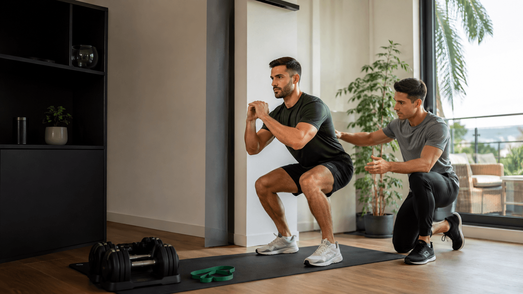 Entrenador personal a domicilio: precios, ventajas y cómo elegir Entrenador personal supervisando una sentadilla de una clienta durante una sesión a domicilio