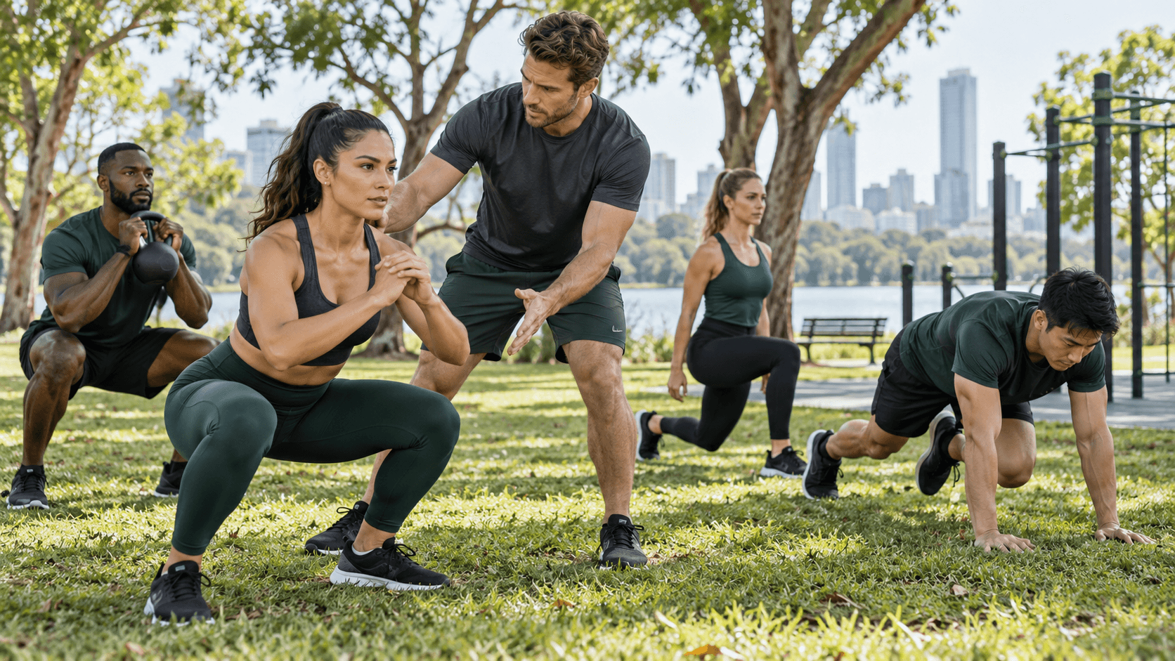 Entrenador personal al aire libre: espacios, sesiones y seguridad Entrenadora supervisando ejercicios de fuerza de una persona en un parque