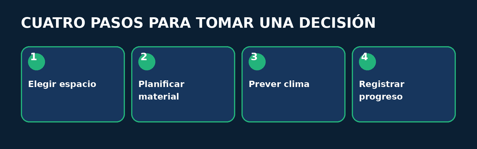 Proceso: entrenador personal al aire libre Proceso en cuatro pasos: Elegir espacio, Planificar material, Prever clima, Registrar progreso