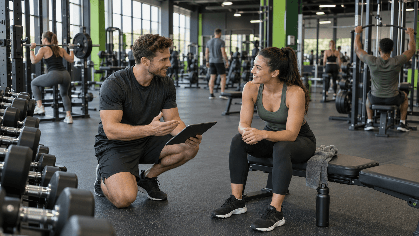 Entrenador personal en Basic-Fit: qué preguntar antes de contratar Entrenamiento individual en un gimnasio moderno genérico sin marcas