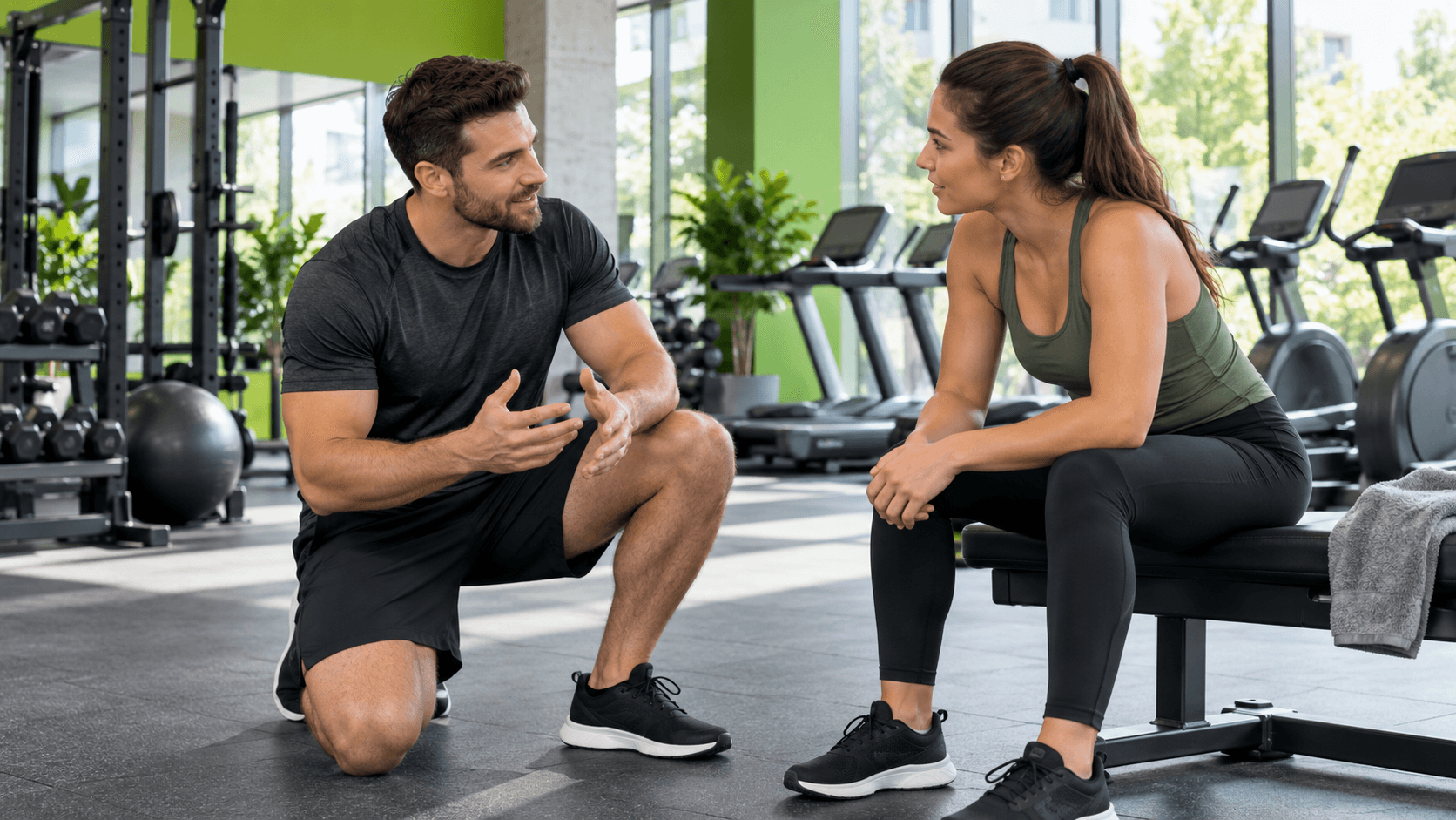 Entrenador personal en Dreamfit: cómo elegir el servicio adecuado Entrenadora hablando con un cliente en sala de gimnasio iluminada