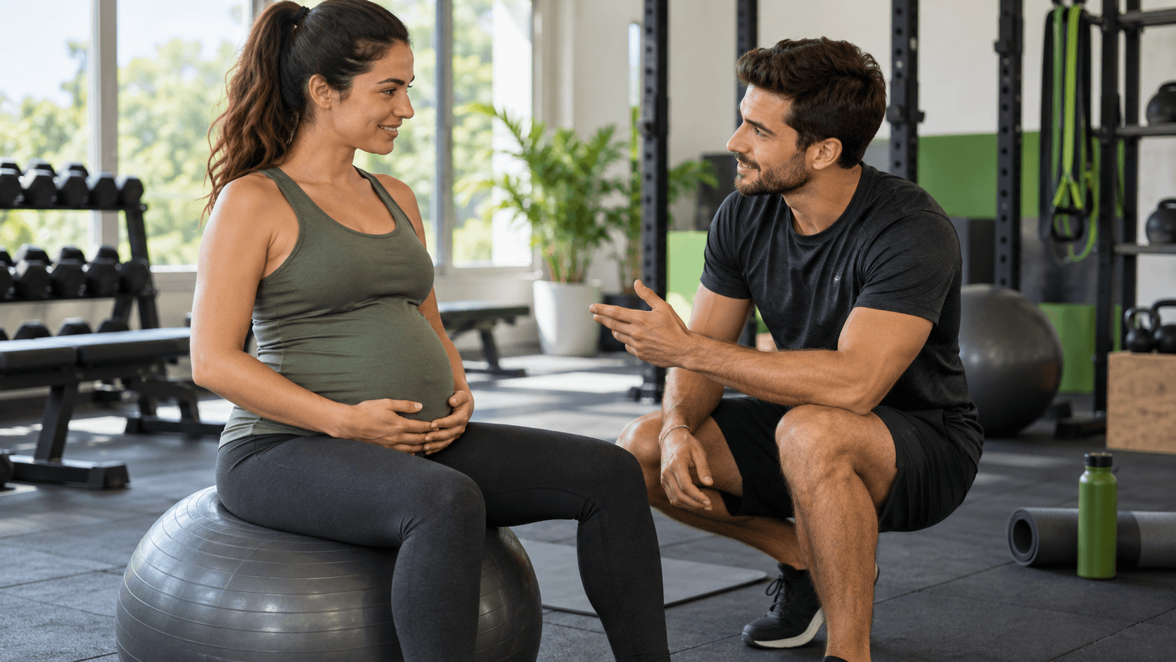 Entrenador personal para embarazadas: cómo elegir un acompañamiento seguro Entrenadora y mujer embarazada conversando sobre una sesión de ejercicio en un gimnasio tranquilo