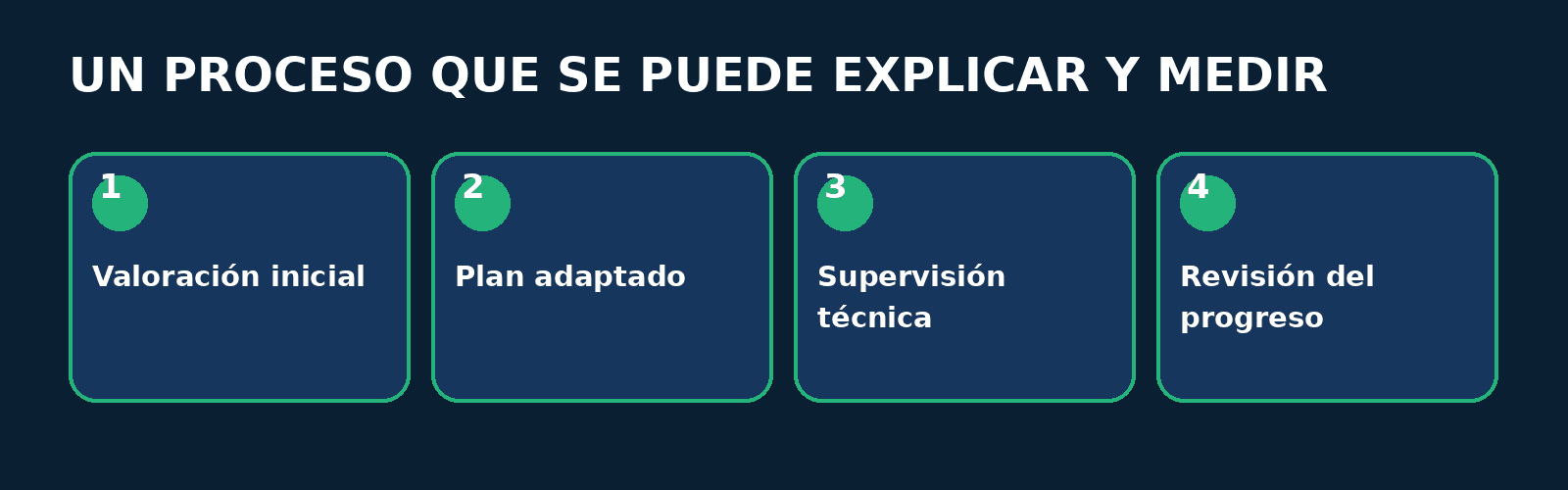 Infografía FitConnect Pro Proceso en cuatro pasos: Valoración inicial, Plan adaptado, Supervisión técnica, Revisión del progreso
