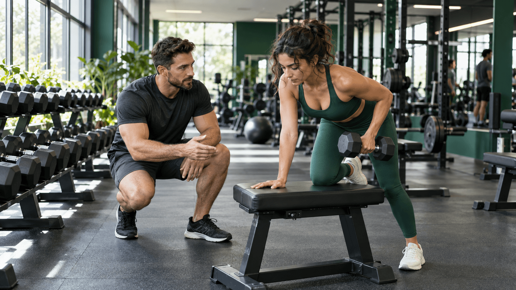 Entrenador personal en Fitness Park: sesión inicial, bonos y normas del club Entrenador y cliente explorando la zona de pesos libres de un gimnasio