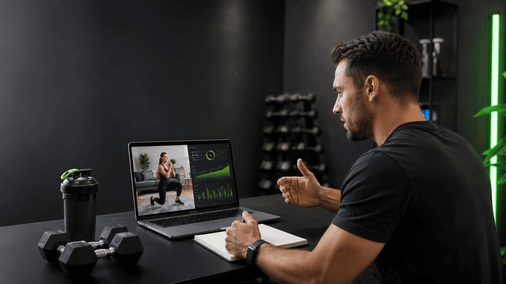 An online personal trainer reviews client progress Online personal trainer reviewing a client's workout log and progress on a laptop