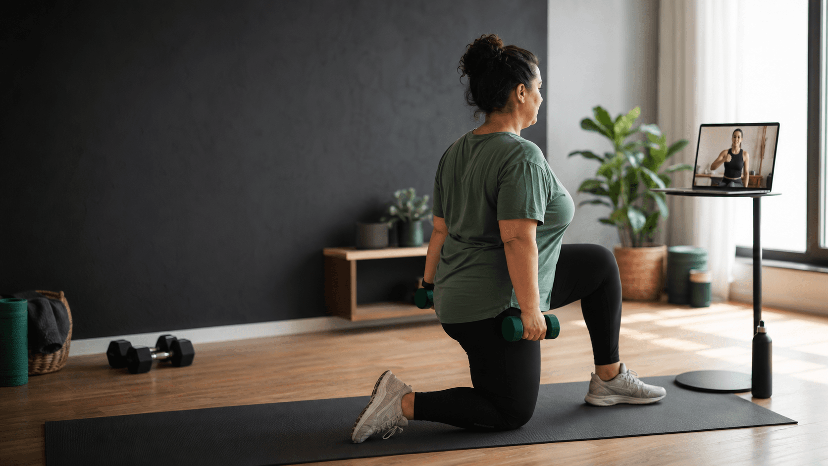 Entrenador personal online para mujeres: cómo elegir sin estereotipos Mujer realizando fuerza en casa mientras una entrenadora personal la guía por videollamada
