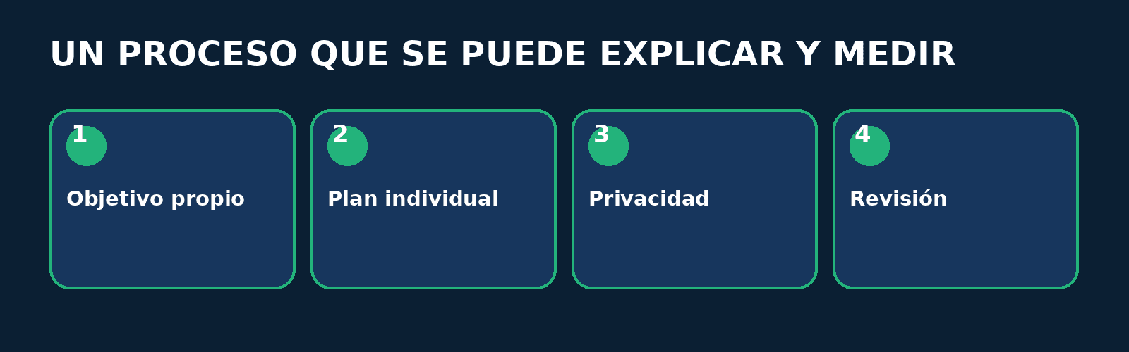 Infografía FitConnect Pro Proceso en cuatro pasos: Objetivo propio, Plan individual, Privacidad, Revisión