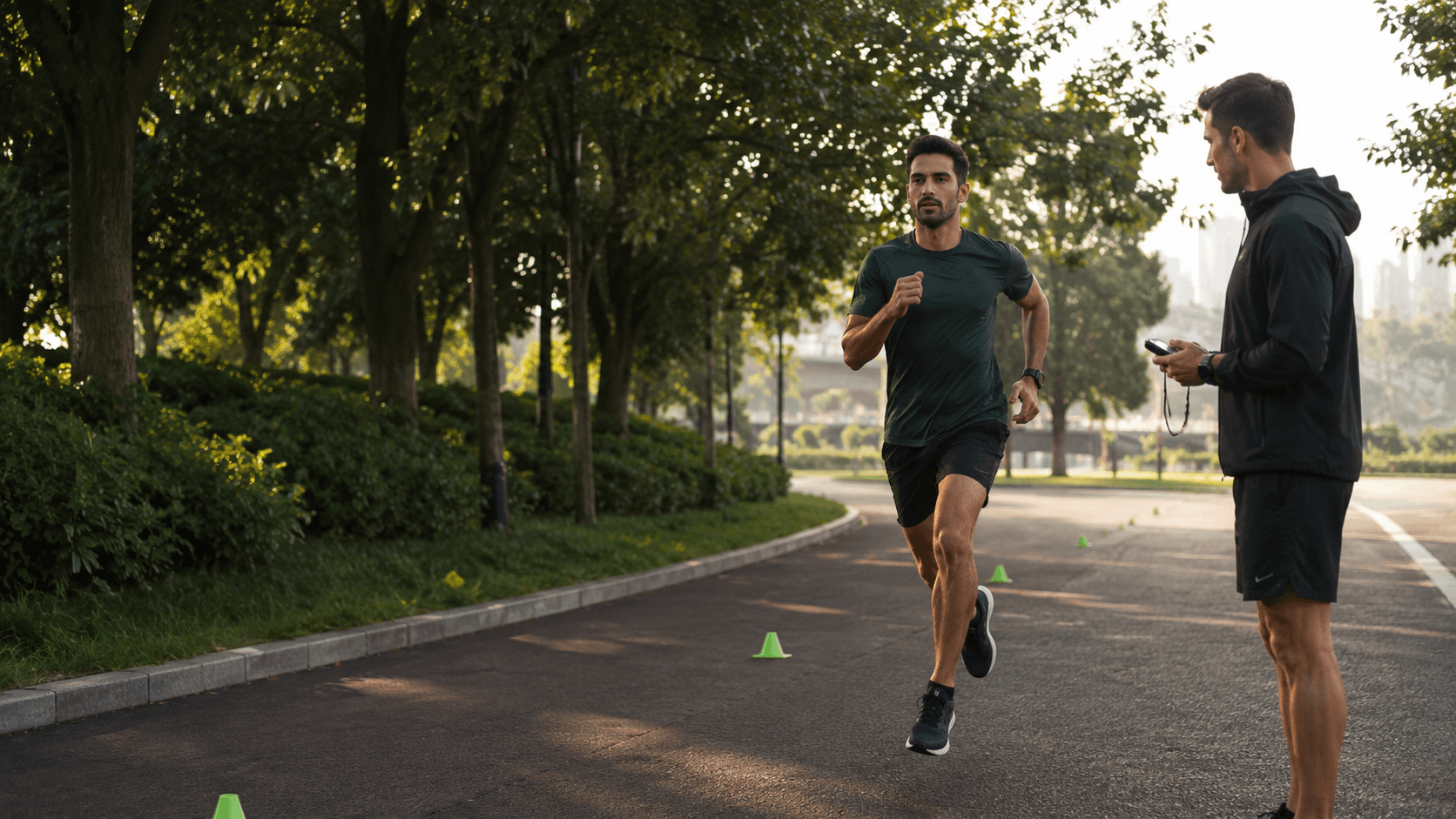 Entrenador personal para running: plan, técnica y seguimiento Entrenador de running observando a un corredor durante una sesión de intervalos en un parque