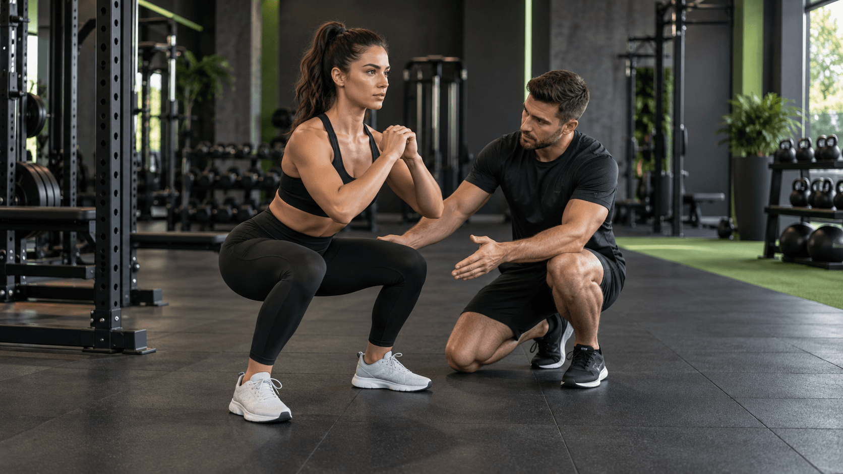 Entrenador personal en Synergym: servicio, disponibilidad y condiciones Profesional corrigiendo la técnica de fuerza de un cliente en sala de gimnasio
