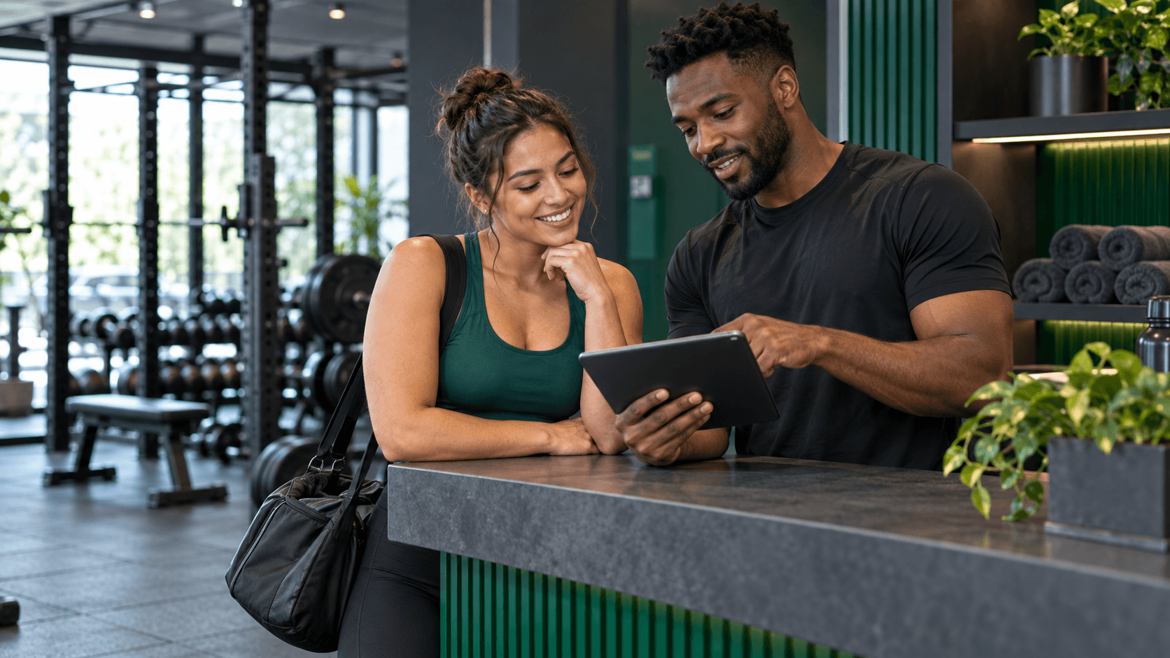 Entrenador personal en VivaGym: sesiones, app y seguimiento Entrenadora y cliente revisando un plan de entrenamiento individual en gimnasio