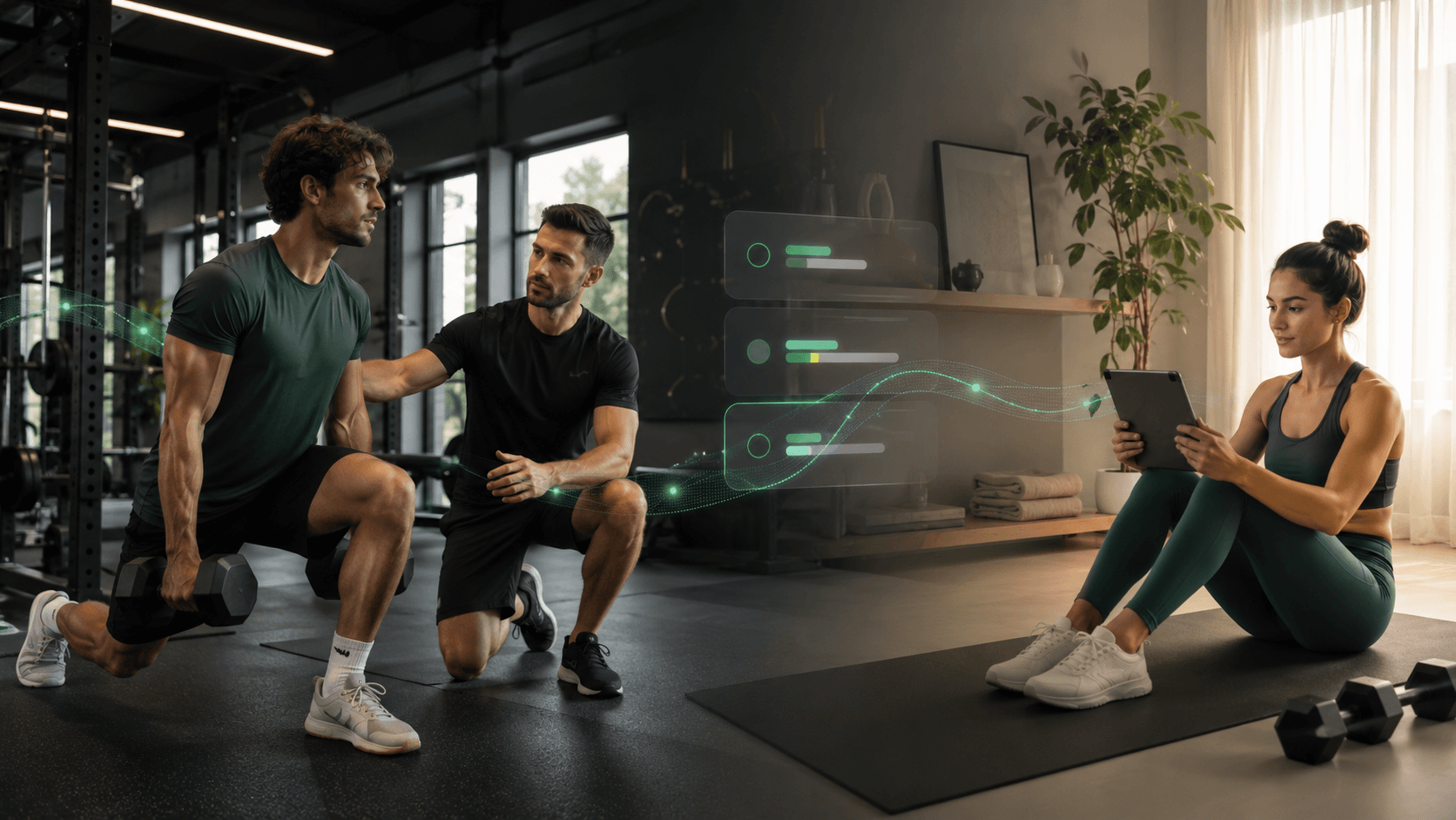 Entrenamiento híbrido: cómo combinar sesiones presenciales y online (2026) Entrenador guiando una sesión presencial conectada con una clienta que sigue el plan desde casa