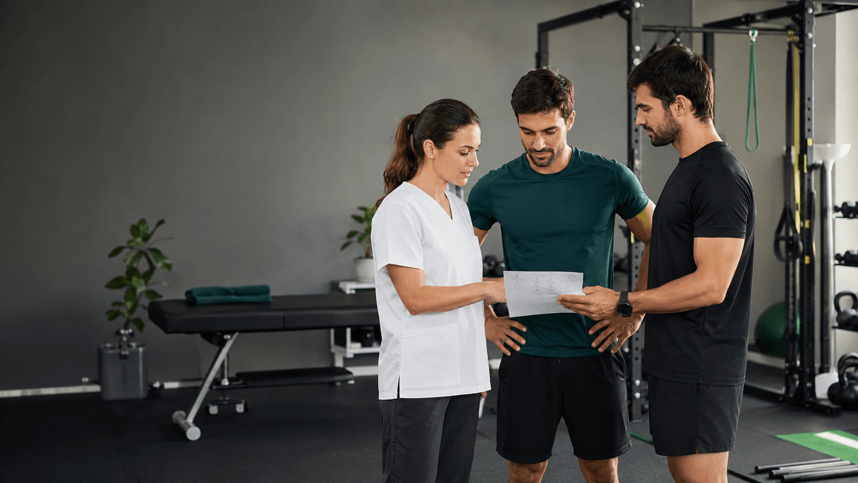 Fisioterapeuta y entrenador personal: cómo coordinar la vuelta al ejercicio Fisioterapeuta y entrenador personal revisando con un cliente un plan de vuelta al ejercicio