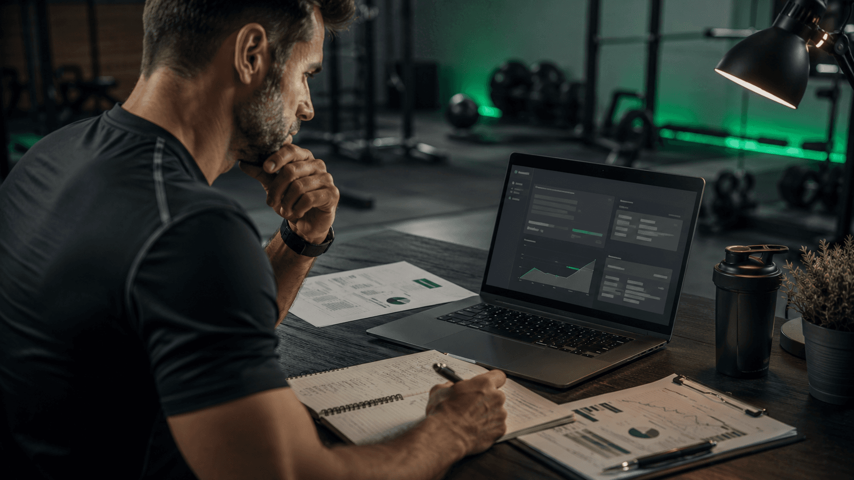A coach reviews an AI-assisted training draft Personal trainer reviewing client progress data and a draft training plan on a laptop