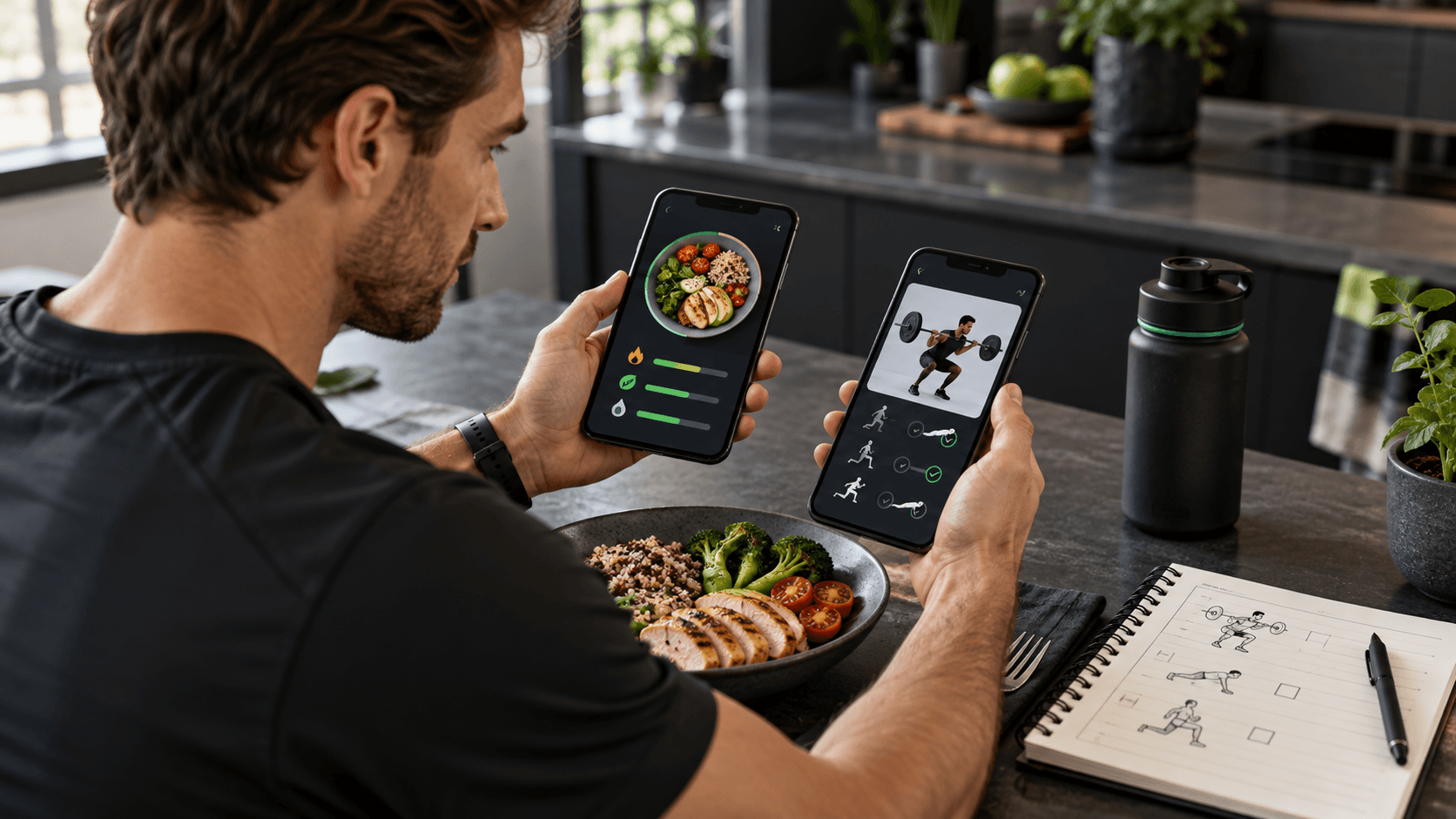 Mejor app para dieta y ejercicio gratis: cómo comparar opciones Persona comparando aplicaciones de dieta y ejercicio junto a una mesa con comida y libreta