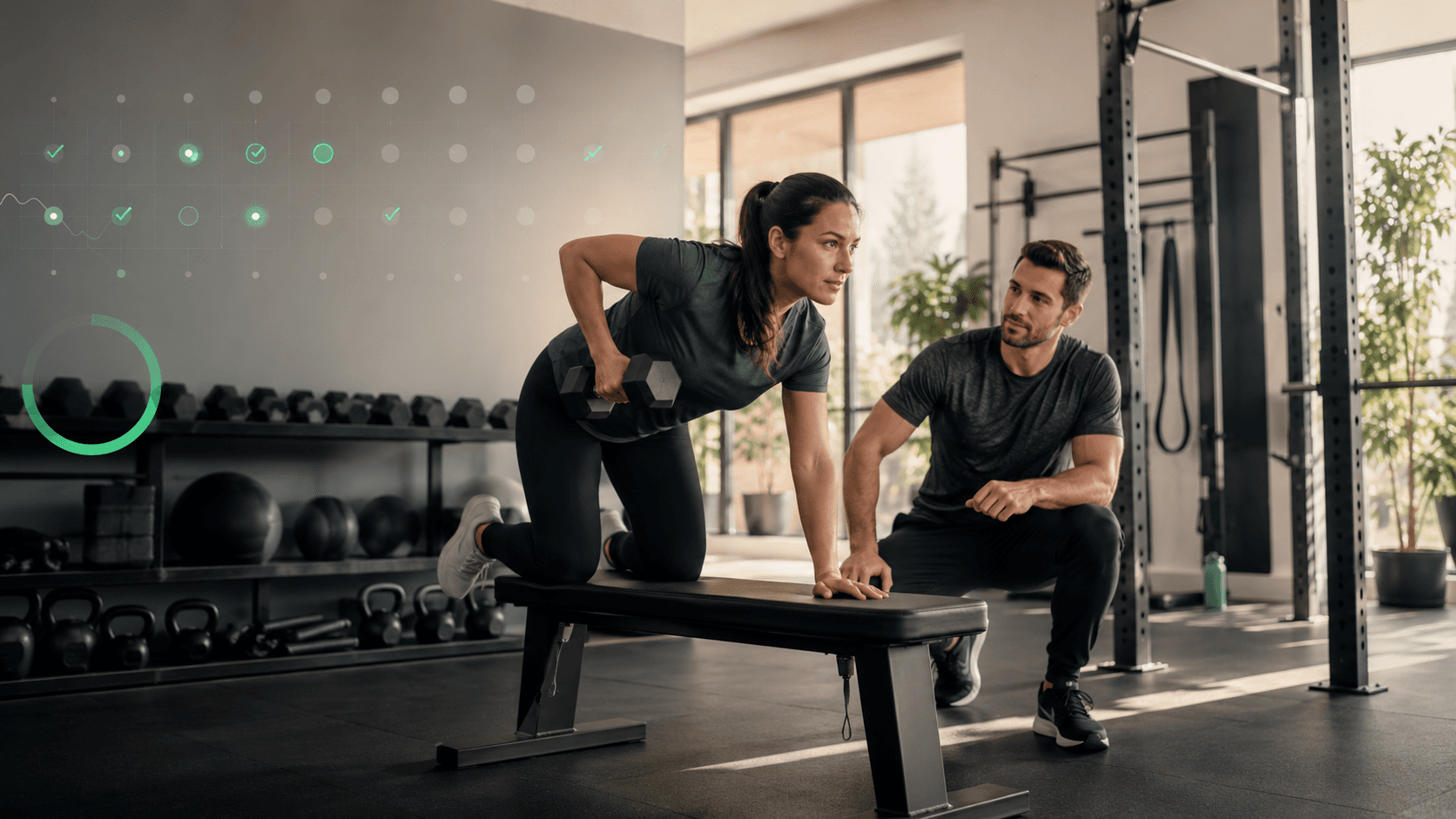 Adherencia al entrenamiento: cómo evitar que tus clientes abandonen (2026) Entrenador personal acompañando a una clienta durante una sesión de fuerza sostenible y bien adaptada