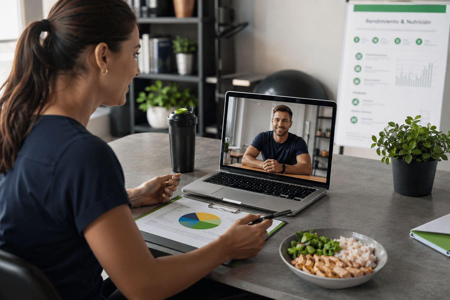 An online nutritionist consultation Nutrition professional holding a remote consultation while reviewing a client's plan and progress