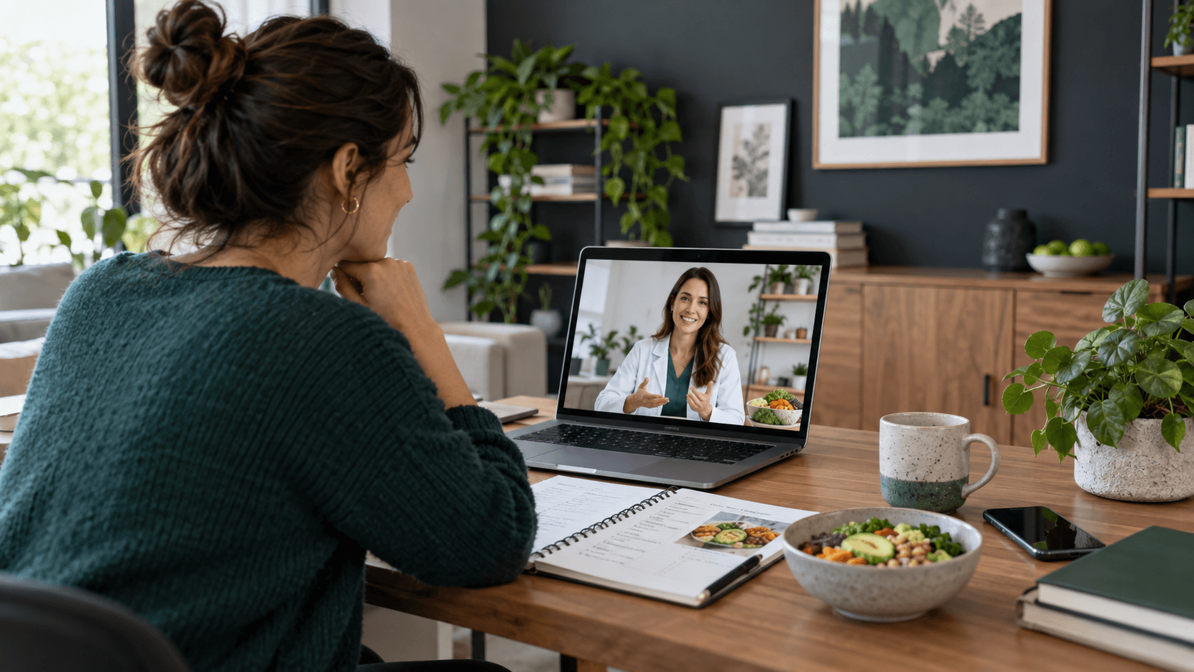 Nutricionista online gratis: qué recursos existen y qué límites tienen Dietista y cliente conversando por videollamada ante un diario de alimentación