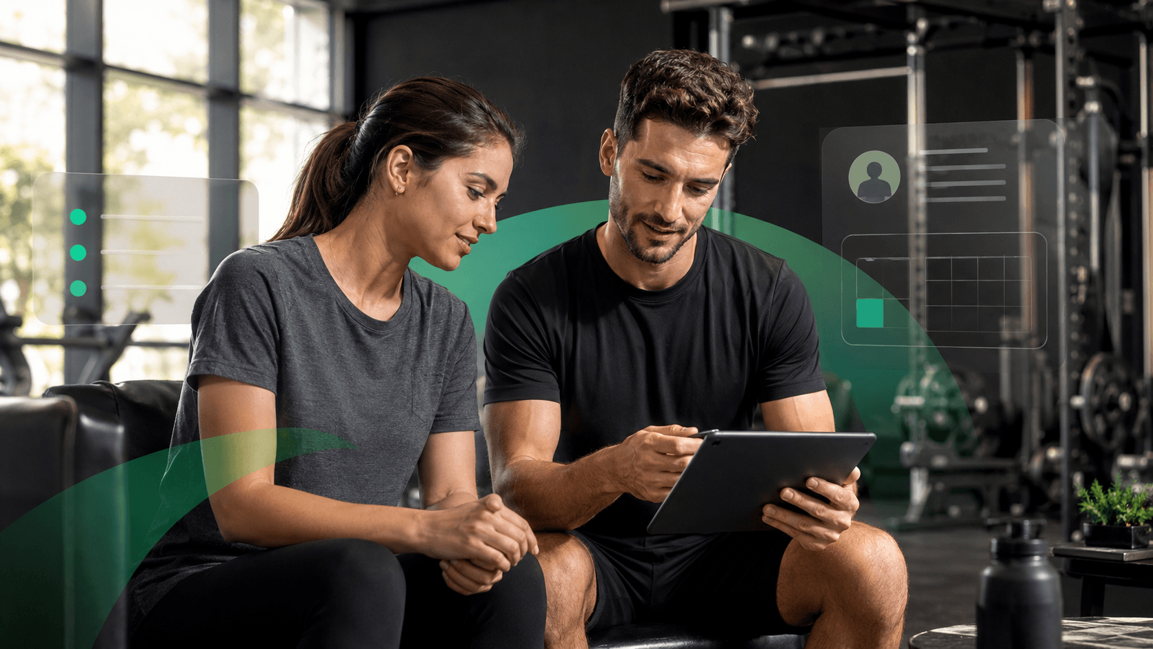 Onboarding de clientes para entrenadores personales: guía y checklist 2026 Entrenador personal revisando objetivos y el plan inicial con una nueva clienta en una tablet