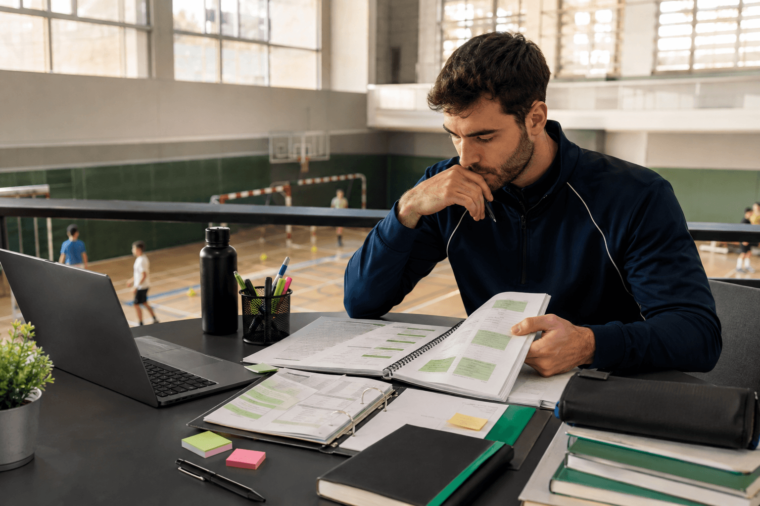 Oposiciones de Educación Física en Secundaria: requisitos, pruebas y planificación Aspirante a profesor de Educación Física preparando una oposición junto a un pabellón deportivo