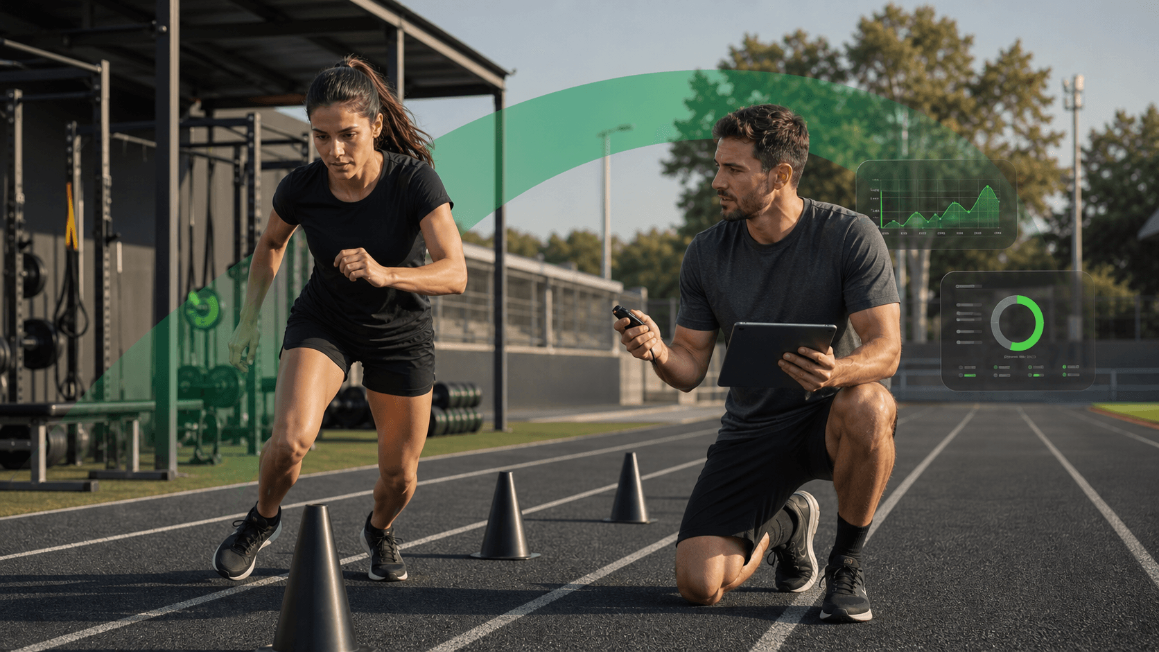 Preparador físico para oposiciones: guía 2026 Preparador físico supervisando a una opositora durante una prueba de agilidad en una pista de atletismo
