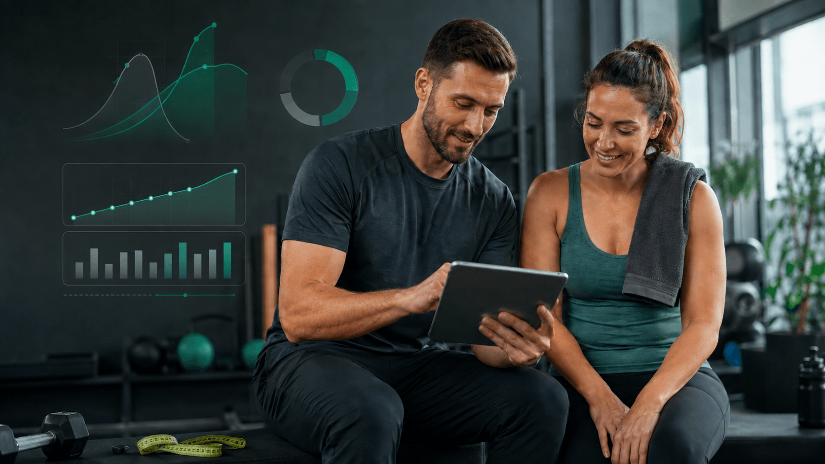 Seguimiento del progreso de clientes: métricas para entrenadores personales (2026) Entrenador y clienta revisando gráficos de fuerza, volumen y sesiones completadas en una tablet