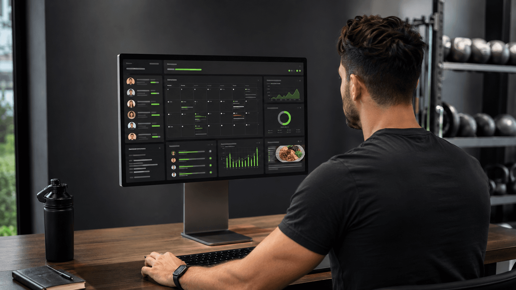 Personal trainer managing clients with coaching software Personal trainer reviewing client training plans and progress on a coaching dashboard in a gym