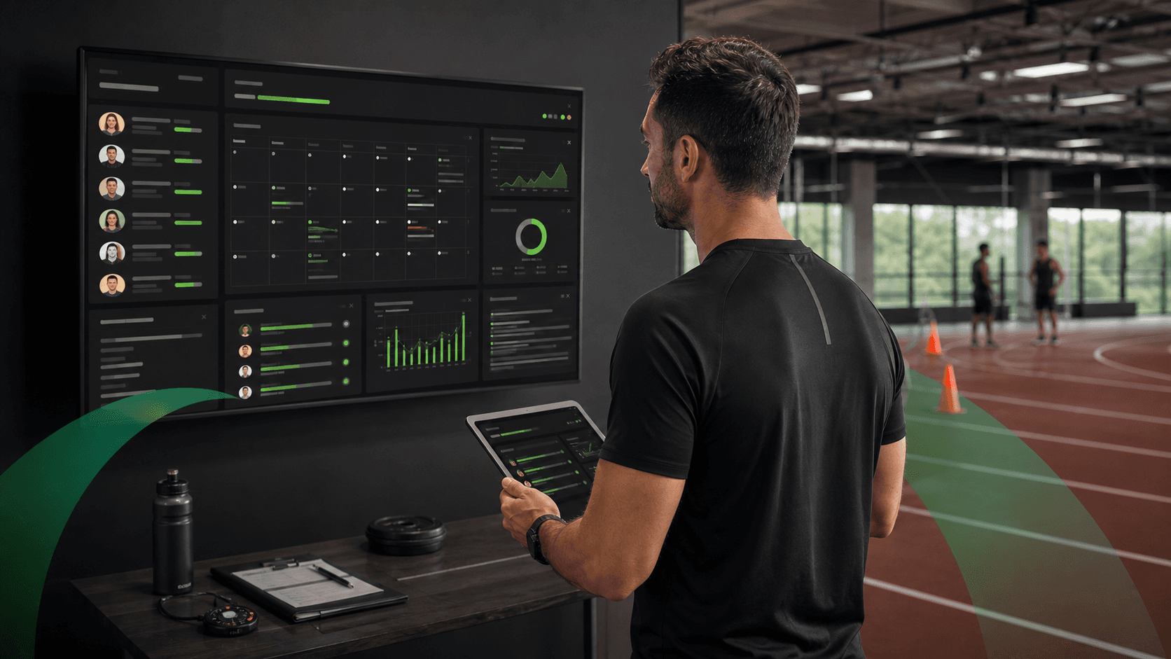 Software para preparadores de oposiciones de Educación Física Preparador físico revisando la programación y el progreso de varios opositores junto a una pista de atletismo