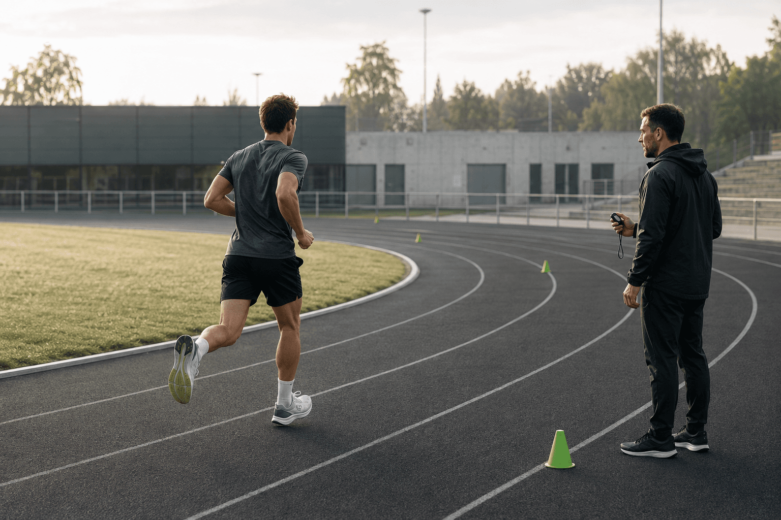Cooper Test: How It Works, Norms Chart and VO2max Formula (2026) Runner completing the Cooper test on a 400-meter track while a coach checks laps and the stopwatch