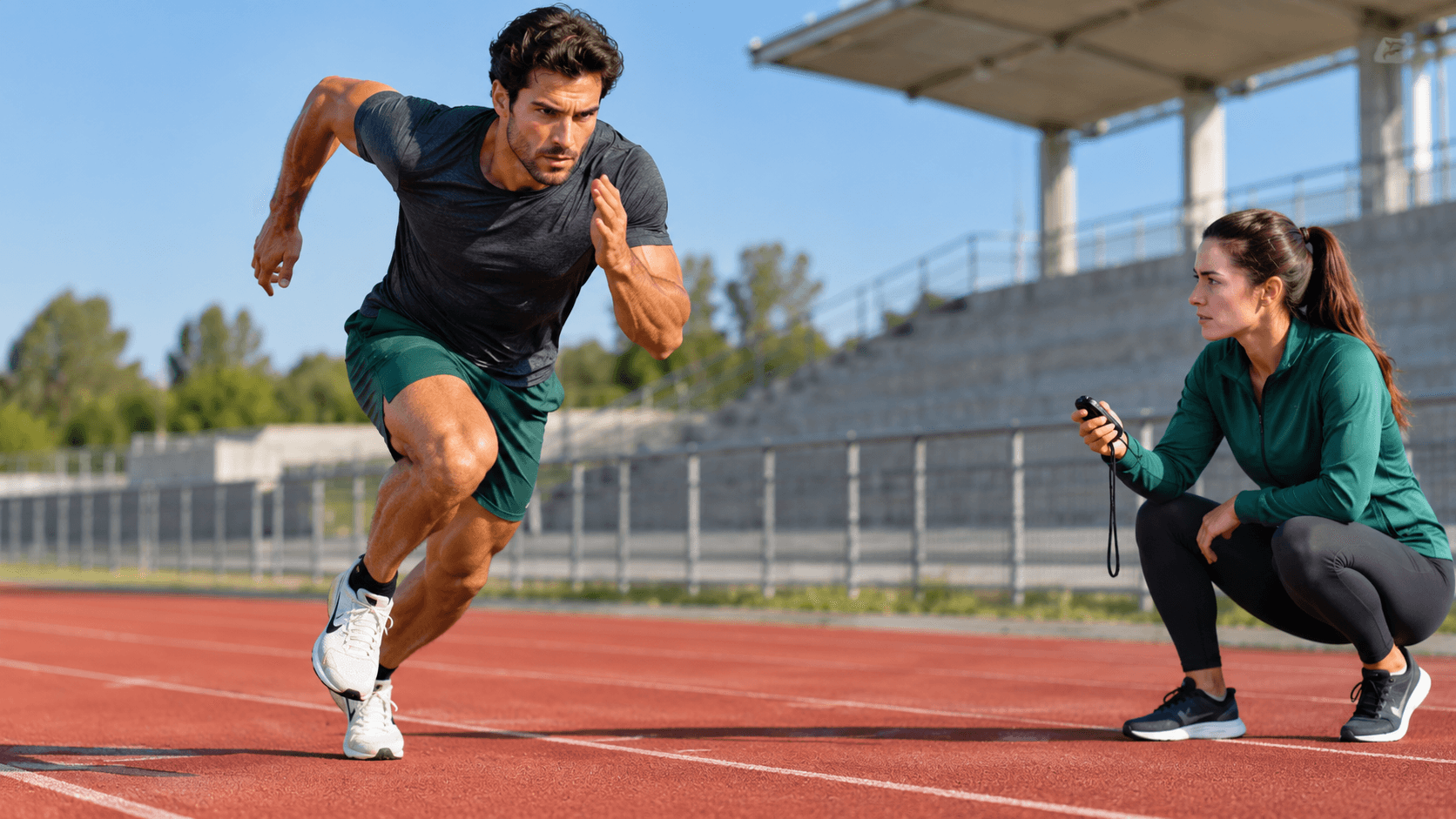 Test de resistencia anaeróbica: protocolos y errores de interpretación Deportista haciendo sprints repetidos en pista mientras un entrenador cronometra