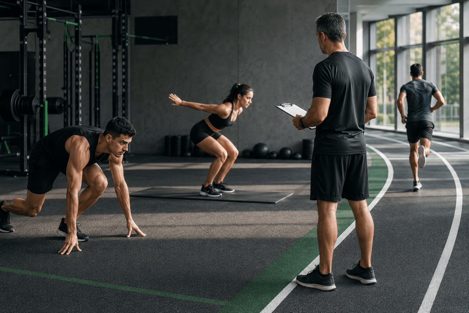 Tests físicos: guía para evaluar resistencia, fuerza, potencia y movilidad (2026) Entrenador supervisando pruebas físicas de velocidad, salto y resistencia en una instalación deportiva moderna