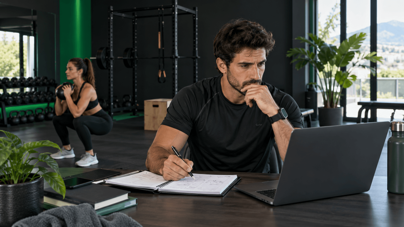 Trabajo de entrenador personal en España: salidas, requisitos y primeros clientes Profesional del entrenamiento revisando una planificación y su agenda de trabajo