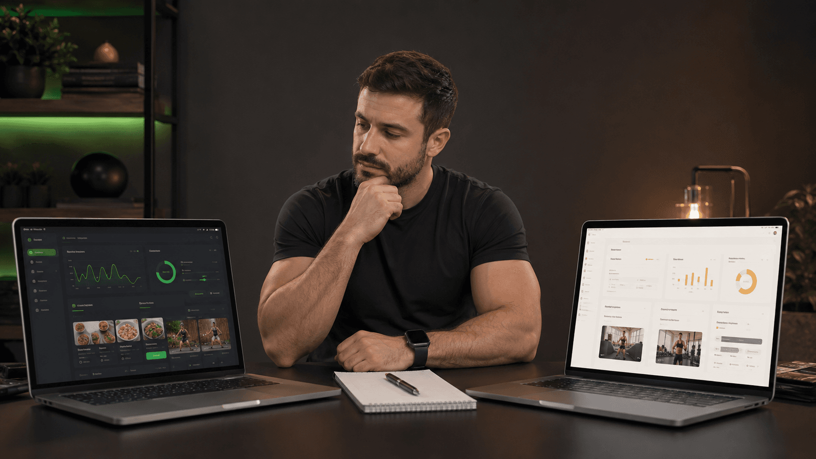 FitConnect vs Harbiz: comparativa para entrenadores personales en 2026 Entrenador comparando dos plataformas de gestión de coaching en ordenadores portátiles