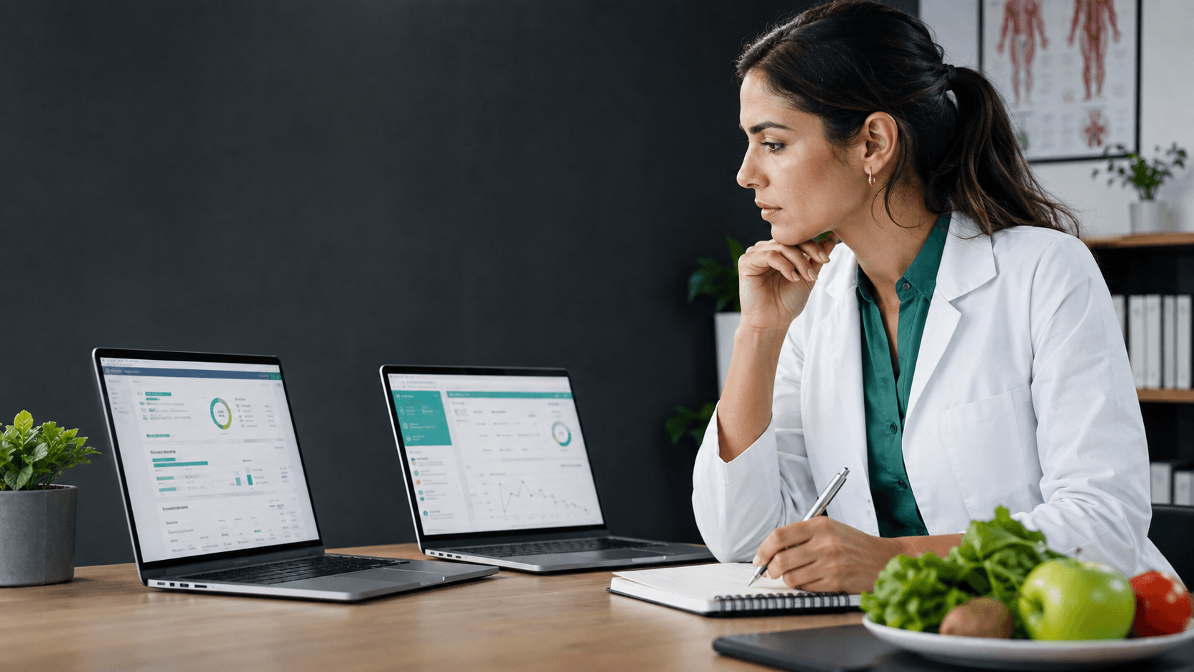 FitConnect vs ICNS Software: comparación para nutricionistas Profesional de nutrición comparando dos plataformas de gestión de pacientes en ordenadores portátiles