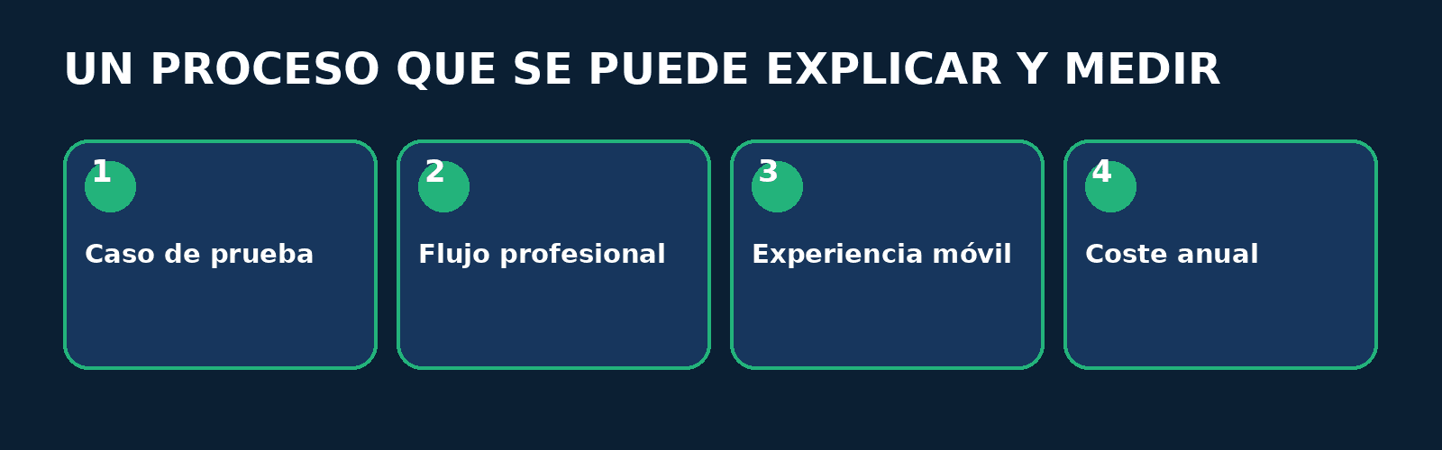 Infografía FitConnect Pro Proceso en cuatro pasos: Caso de prueba, Flujo profesional, Experiencia móvil, Coste anual