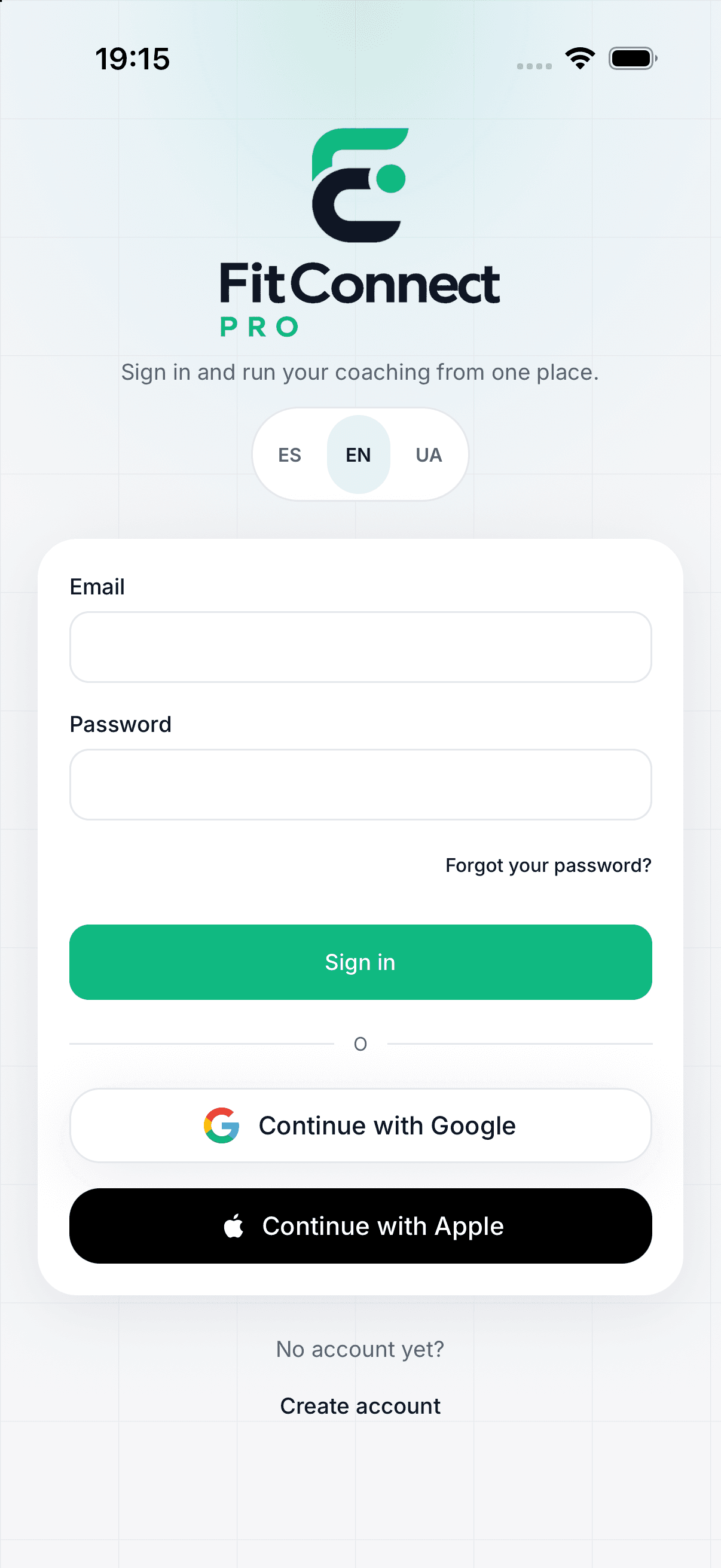 FitConnect Pro sign-in screen in English on an iPhone