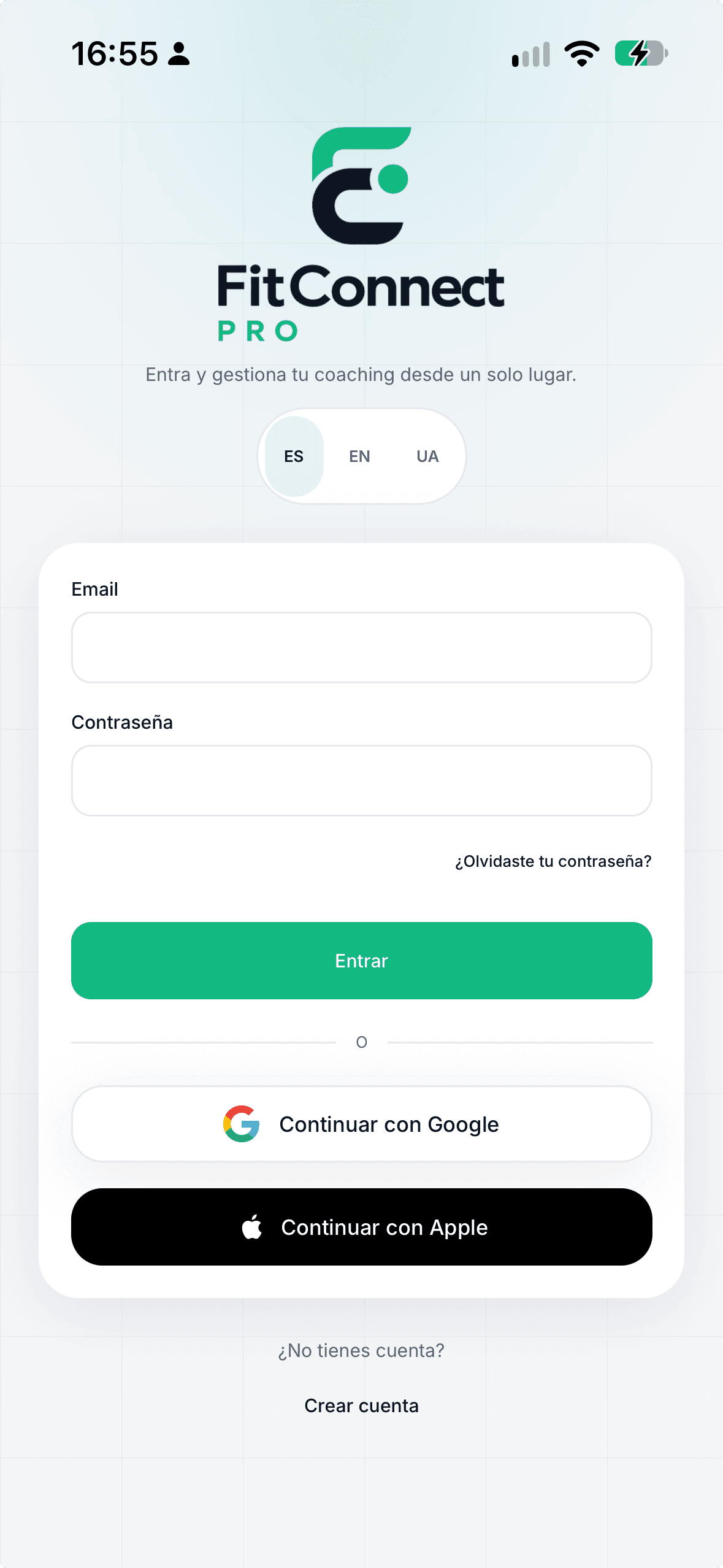 Pantalla de acceso de FitConnect Pro en español en un iPhone