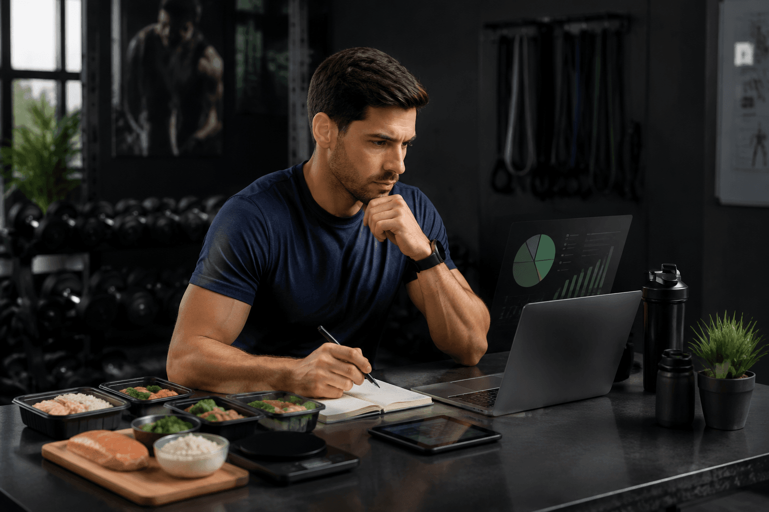 Calculadora de macros gratis: calorías, proteínas, grasas y carbohidratos Profesional del fitness calculando macronutrientes junto a un portátil y alimentos preparados
