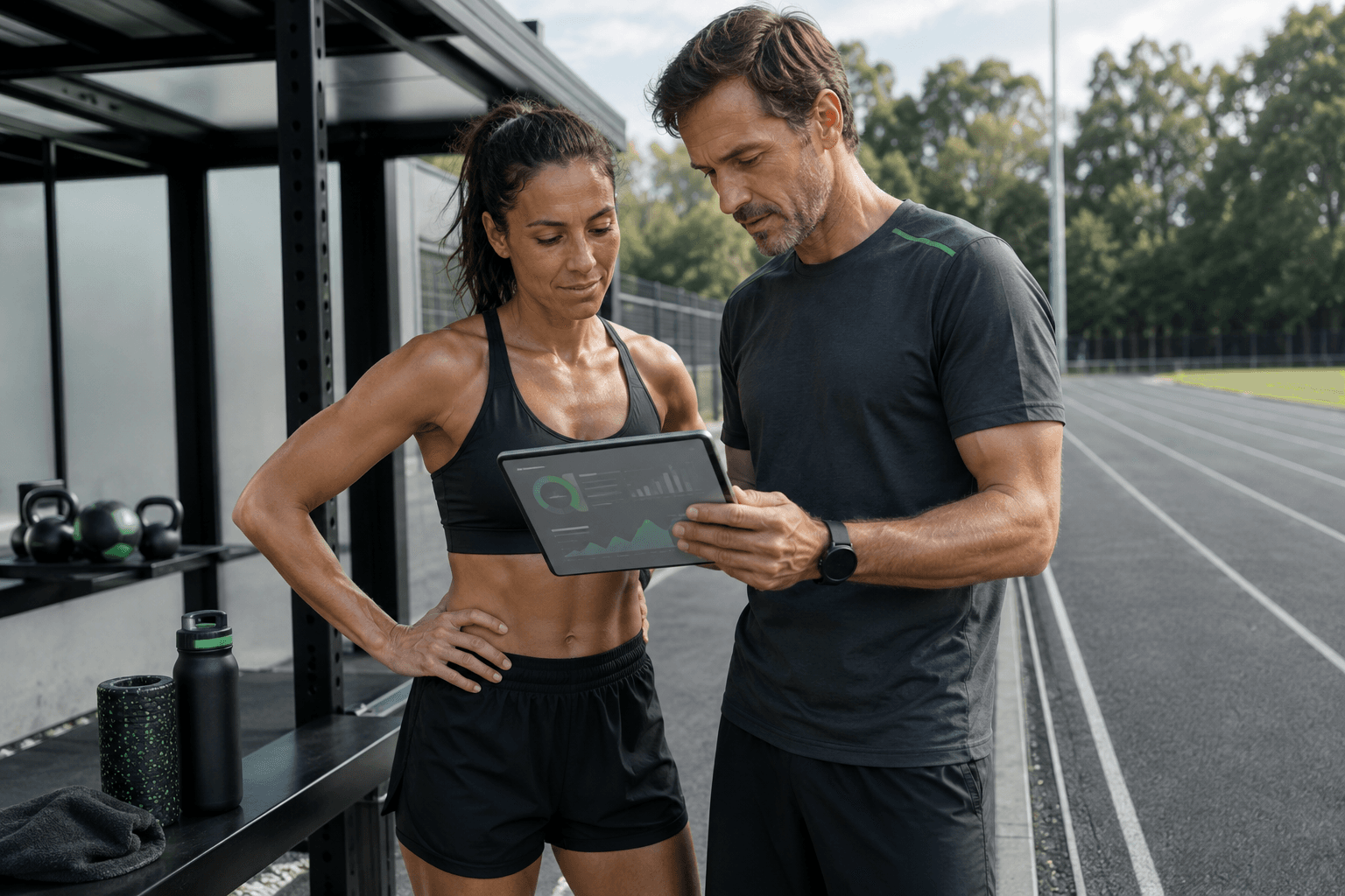 Cooper Test Calculator: VO2max, Formula and Norms (2026) Athlete and coach reviewing the distance and estimated VO2max on a tablet after a Cooper test